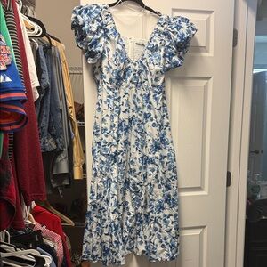 Abercrombie & Fitch White Midi Dress with Blue Floral Print